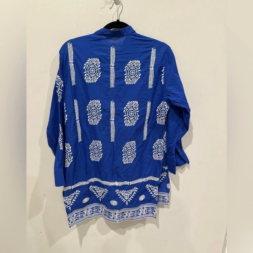 Zara blue cotton tunic top contrasting embroidery Size Small 2800 - Picture 10 of 12